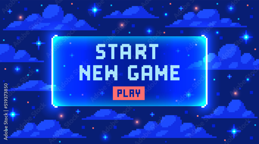 Fototapete web banner with phrase start new game. sci-fi screen background with neon design