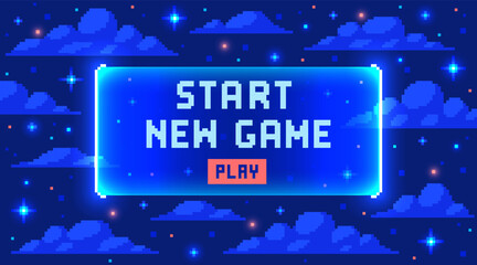 Web banner with phrase Start New Game. Sci-fi screen background with neon design