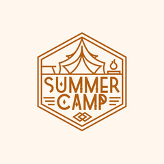 Summer camp logo consisting of tent and campfire line style isolated on background for camping logotype, explore emblem, hiking sticker, tourist symbol, travel badge, expedition label, poster, t-shirt