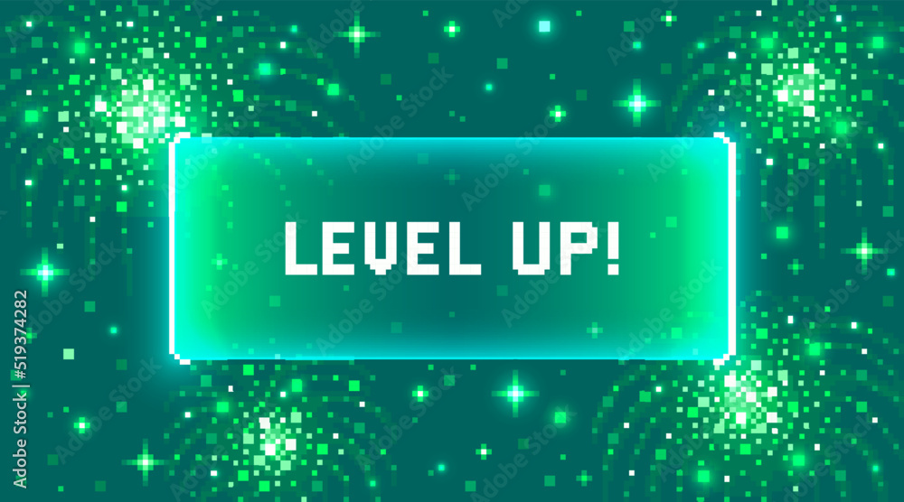 Poster web banner with phrase level up. sci-fi screen background with neon design