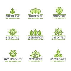 Tree and leaves logo set green color flat style for organic shop, ecology company, nature firm, natural product store, alternative medicine, green unity, garden, farming, forest. Vector Illustration