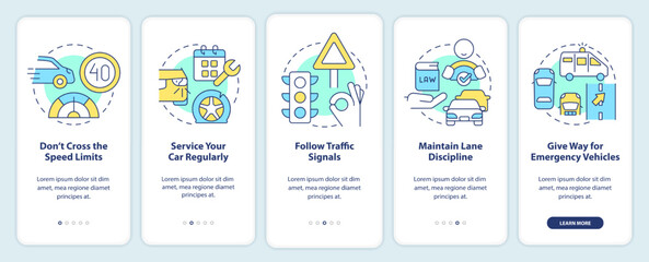 Common driving safety rules onboarding mobile app screen. Walkthrough 5 steps editable graphic instructions with linear concepts. UI, UX, GUI template. Myriad Pro-Bold, Regular fonts used