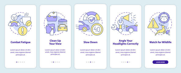 Driving safety at night onboarding mobile app screen. Walkthrough 5 steps editable graphic instructions with linear concepts. UI, UX, GUI template. Myriad Pro-Bold, Regular fonts used