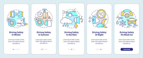 Situational driving safety onboarding mobile app screen. Walkthrough 5 steps editable graphic instructions with linear concepts. UI, UX, GUI template. Myriad Pro-Bold, Regular fonts used