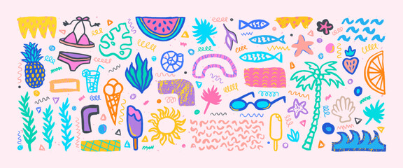 Hand drawn grunge doodles set. Big collection of abstract modern elements and shapes. Tropical vacation. Palm tree, watermelon, bikini, fruits, ice cream.