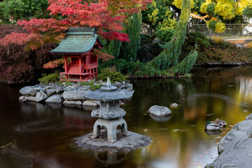 Fototapeta na wymiar Japanese Garden Pond with Red Pagoda in Point Defiance Park, Tacoma, WA