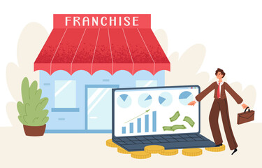 Businessman sells franchise. Sale and purchase of franchise. Financial success. Franchising system. Flat graphic vector illustration