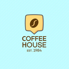 Obraz premium Coffee house logo with bean isolated on turquoise background. Vector design elements, business signs, logos, identity, labels, badges and other branding objects for your business. Vector illustration.
