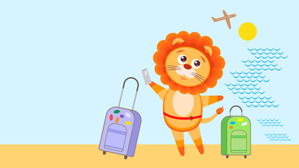 Animals, a cute lion went on a vacation trip. Cartoon-style illustration.