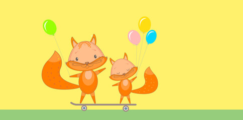 Fototapeta premiumFunny animals, Two little foxes riding a skateboard. Cartoon-style illustration.