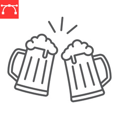 Beer cheers line icon, beverage and oktoberfest, toasting beer mugs vector icon, vector graphics, editable stroke outline sign, eps 10.
