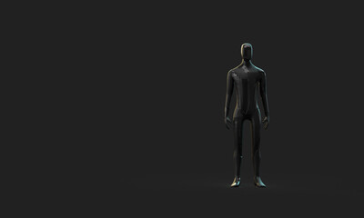 Fototapeta premium A dark man on a dark background. Dark superhero costume, innovation costume. 3d rendering on the topic of people, office, business. Dark background.