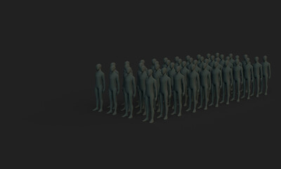 Dark people in dark matte suits. 3d rendering on the topic of security, army, command, office. Dark background.