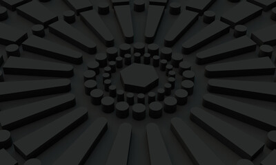 3d pattern of abstract lines and shapes in the center of a circle on a dark background. 3d rendering on the theme of maze, pattern and modern style.