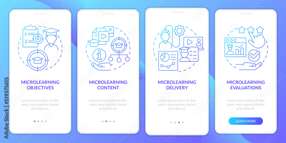 Aufkleber microlearning modules blue gradient onboarding mobile app screen. walkthrough 4 steps graphic instru