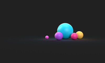 Multicolored balls on a black background. 3d rendering on the theme of abstract figures. Modern minimal style.