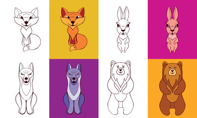 Fototapeta premium Cartoon animals coloring page for kids