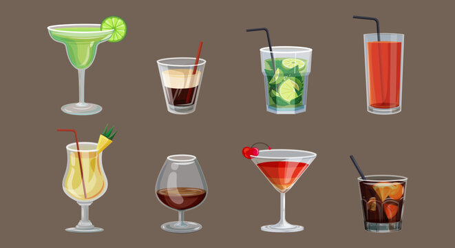 Vector collection of drinks stickers. Cocktail and drink menu illustrations for bar card, price list. Set of colorful stickers with cocktails - Powered by Adobe