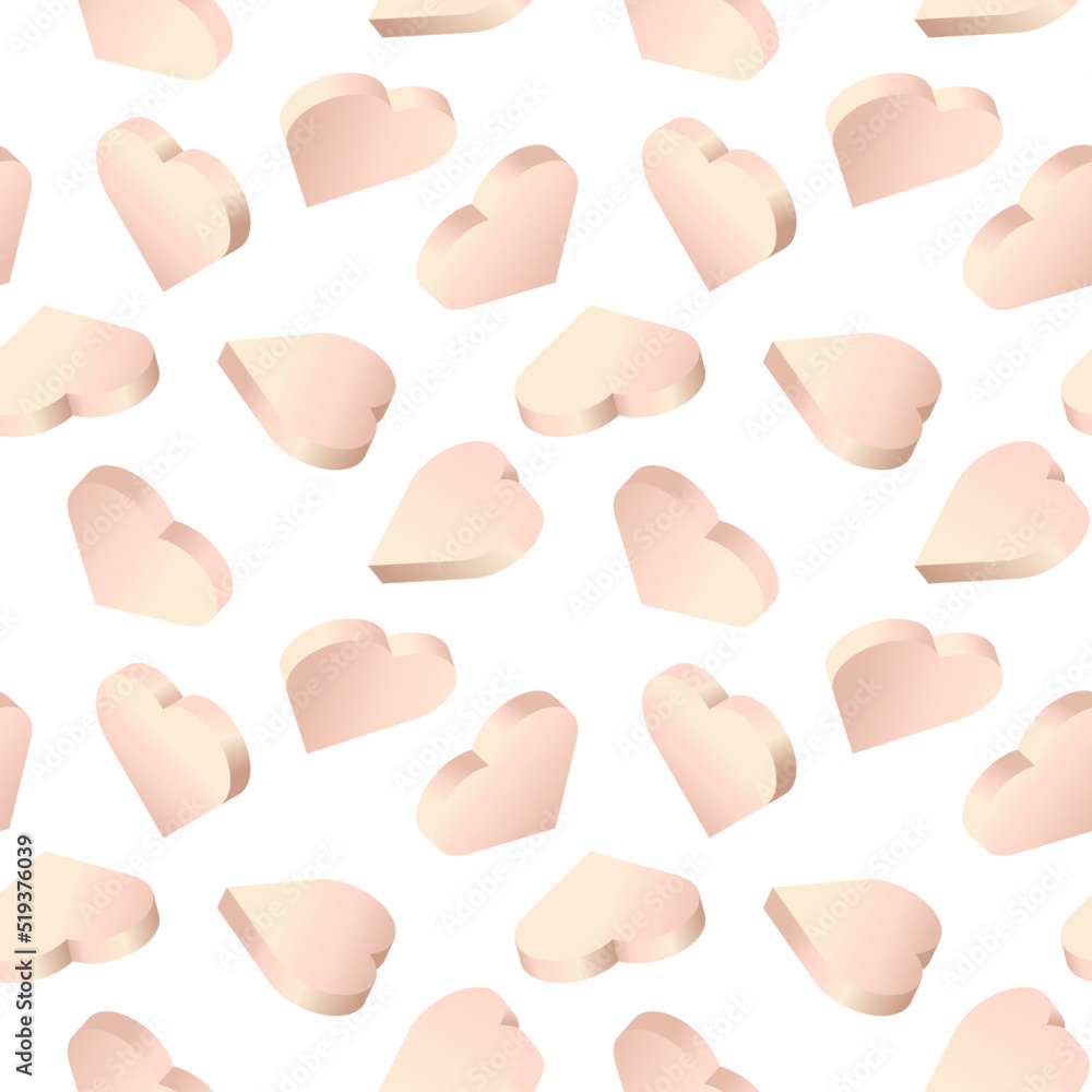 Poster vector background with 3d hearts. seamless pattern with isometric rose gold color hearts. design for