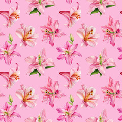 Flower seamless pattern. Hand drawn lily, watercolor flora on pink background