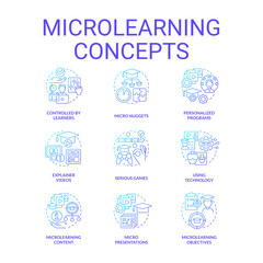 Microlearning blue gradient concept icons set. Effective educational approach idea thin line color illustrations. Personalized programs. Isolated symbols. Roboto-Medium, Myriad Pro-Bold fonts used