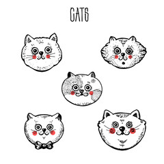 Cute cats vector illustration. Hand drawn character cat. Sketch illustration. Cat heads.