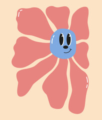 Doodle flower with cartoon funny smiling face, daisy retro character. Cute floral happy emotion. Childish logo design with daisies vector. Illustration of smile flower