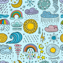 Weather seamless pattern. Meteorology symbols in childish style. Art background for your design. Vector illustration