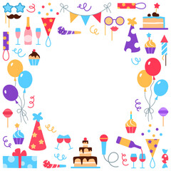 Event service square frame with circle space for text. Concept with balloons, cake, muffin on white background. Flat holiday management design. Birthday party celebration business vector illustration.