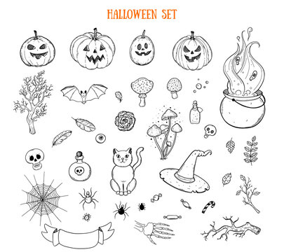 Halloween hand drawn doodle collection. Vector illustration.