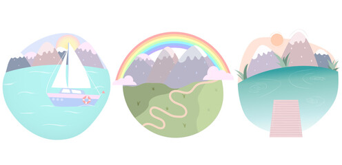 Nursery decor art. Set of Children room art. Cute mountain lake scenery with a boat. Rainbow.