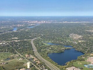 Fototapeta na wymiar Aerial view of the city of st paul minnesota and mississippi river from the air plane