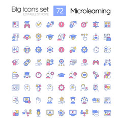 Microlearning approach RGB color icons set. Bite-sized learning strategy. Isolated vector illustrations. Simple filled line drawings collection. Editable stroke. Quicksand-Light font used