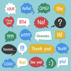 Stickers of speech bubbles color set with shadow. Acronyms and abbreviations. Vector Illustration