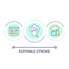 Scientific research of carbon pollutions loop concept icon. CO2 spreading in atmosphere. Industry abstract idea thin line illustration. Isolated outline drawing. Editable stroke. Arial font used