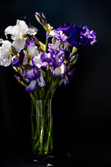 Beautiful bouquet of iris flowers in vase on table. Blooming lilac and white flowers. Present for birthday. Summertime gift. 