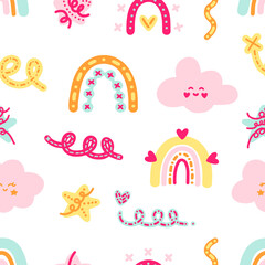 Delicate vector pattern in scandinavian style. Pastel kawaii dreamy clouds, rainbows, doodles and stars in pink shades for prints, backgrounds, textiles, cards, wrappers, interior, decor, clothes