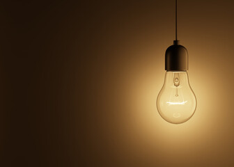 3d rendering of a glowing light bulb hanging on a wire on a black background