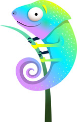 Cute chameleon lizard in neon green shiny gradient, cute reptile animal cartoon for children. Rainbow baby chameleon illustration. Isolated vector clip art.