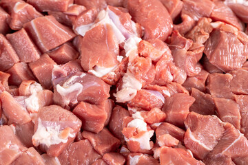 Lamb cubed meat. Close-up chopped red meat. Butcher products