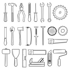 Set of icon tools line style for carpentry service, repair service, lumberjack, sawmill and woodwork isolated on white background. Vector illustration
