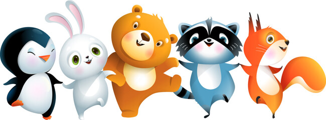 Baby bear bunny penguin raccoon and squirrel jumping or dancing, funny animals illustration for kids. Children cartoon of adorable happy smiling animals friends, isolated vector clipart.
