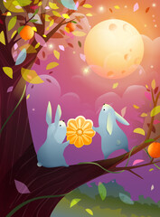 Obraz na płótnie Canvas Choseok or mid autumn festival illustration with Rabbits holding a mooncake. Golden moon in Purple nature landscape, dreamy scenery. Illustrated vector dreamlike scene for chuseok.