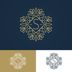 Monogram logo set vintage line style different colors isolated on background for use hotel label, spa service, business emblem, greeting card, wedding invitation etc. Decoration element