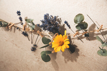 Arrangement of lavender flowers and eucalyptus sprigs on brown twine on a stone background