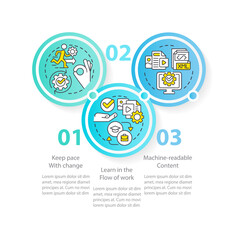 Key principles circle infographic template. Content design. Data visualization with 3 steps. Editable timeline info chart. Workflow layout with line icons. Myriad Pro-Regular font used