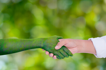 Environment earth day, Hand shake between human hands and nature, Loving the environment, Forest...