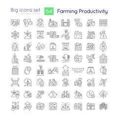 Farming productivity linear icons set. Agricultural business. Harvest. Customizable thin line symbols. Isolated vector outline illustrations. Editable stroke. Quicksand-Light font used