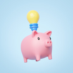 3d Investment Idea icon. Pink piggy bank, light bulb float on blue background. Save dollar in mobile banking. Online payment service. Saving money box. Business cartoon style concept. 3d icon render.