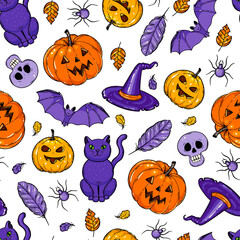 Halloween seamless pattern. Hand drawn vector illustration. Colored design template.